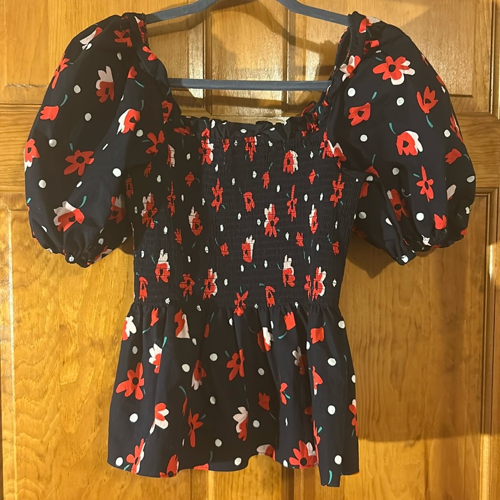 Kate Spade Blooms Smocked Peplum Puff Sleeve On Or Off Shoulder Top Sz Sm-EUC